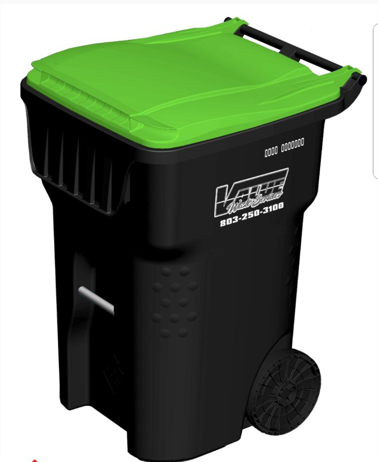 A large, black trash can with a green lid and wheels.