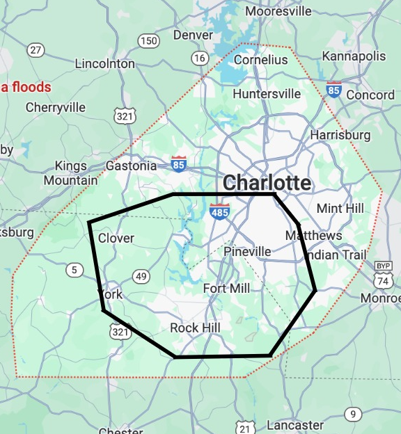 Map of the Charlotte metropolitan area affected by recent floods.