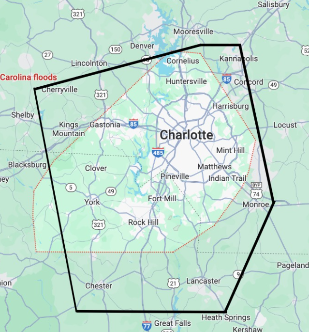Map of the Charlotte metropolitan area affected by recent floods.